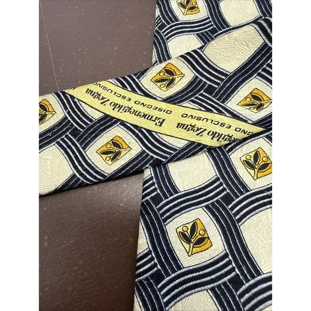 Ermenegildo Zegna Silk Tie Italy Ivory Black Gold Geometric Lattice Medallion